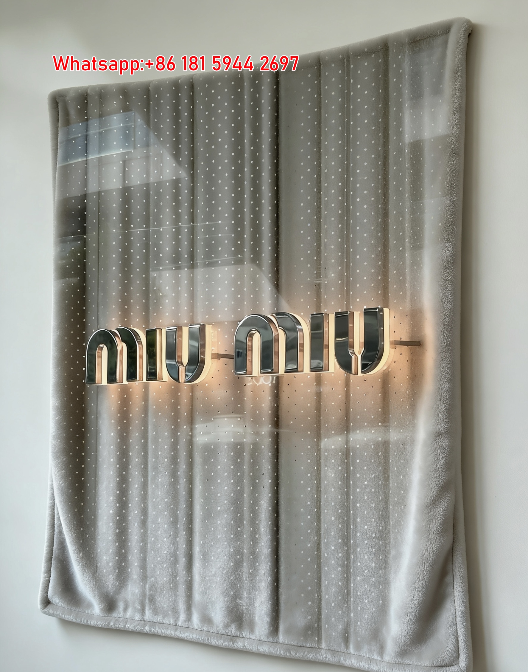 Miu Miu 3D Illuminated Logo Silver Grey Dotted Flannel Throw Blanket Miu Miu Store Sign Printed Sofa Blanket IMG_0376